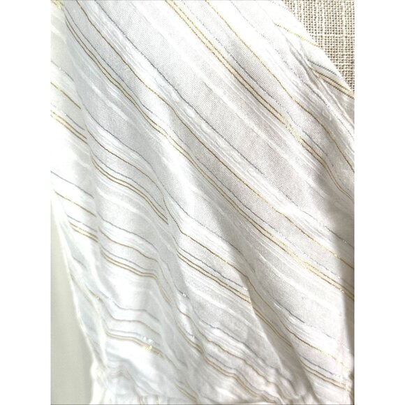 Loft White Dress With Gold & Silver Metallic Lines Drawstring Waist Sleeveless S - Picture 3 of 10